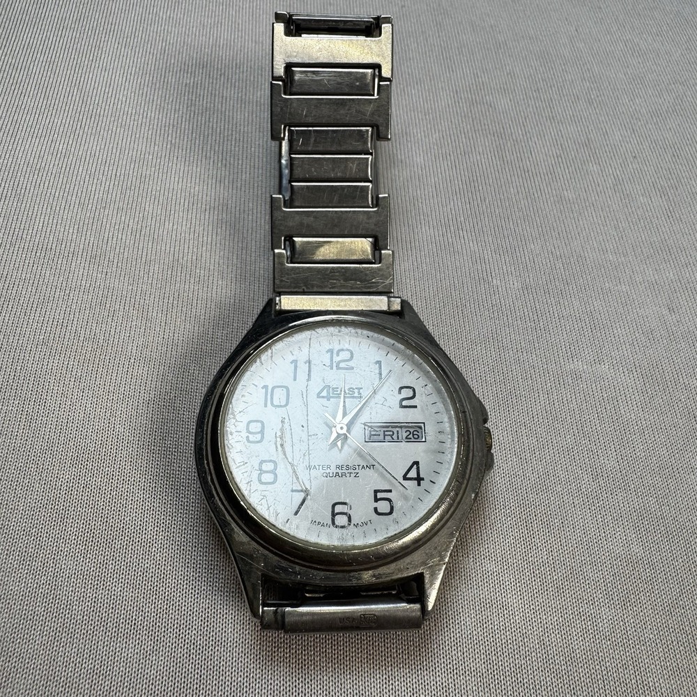 4east Day/ Date Silver Tone Quartz Men's Watch